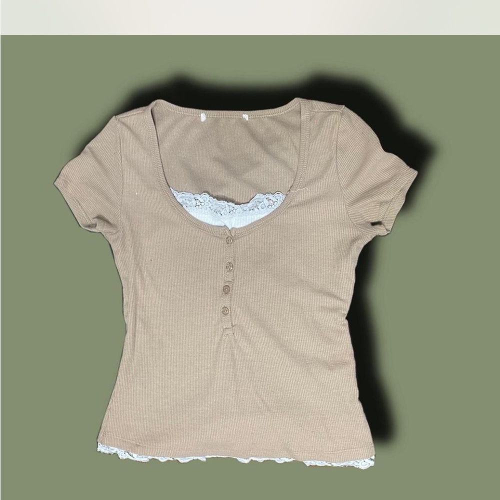 Casual Tan Button-Front Top with Lace Trim